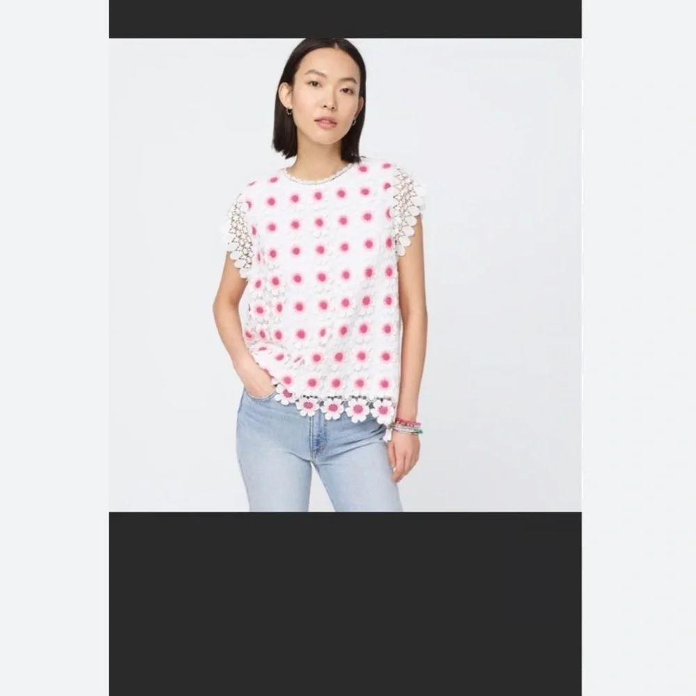 J. Crew White and Pink Floral Crochet Top Large